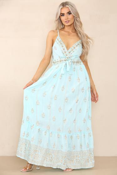 Großhändler SK MODE - Langes Kleid mit Trägern Referenz 23-980SK, orientalische lineare Blumenstickerei
