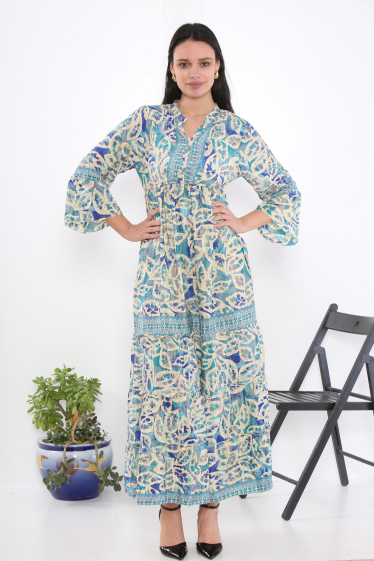 Wholesaler SK MODE - Long V-neck dress, with a pastel floral pattern and sleeves SKN7014MG
