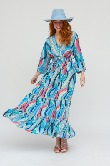 Wholesaler SK MODE - Long Printed V-Neck Dress with 3/4 Sleeve Sequence Ref- SKAN24620