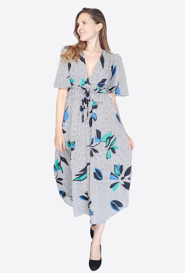 Wholesaler SK MODE - Dress Long with floral dot sleeve Ermelinda v-neck 3001