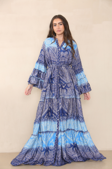 Wholesaler SK MODE - Long buttoned dress with puffed sleeves and cosmic motif, ref. MK-109SK