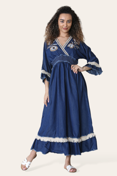 Wholesaler SK MODE - Long dress with simple denim blue wrap collar with fine embroidery, ref 1314SK