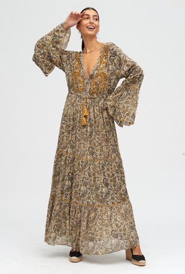 Großhändler SK MODE - Langes Kleid mit V-Ausschnitt und ausgestellten Ärmeln, handgesticktes ethnisches Kleid ANSK534