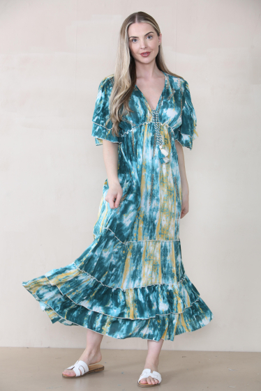 Großhändler SK MODE - Langes Kleid in tropischen Farben mit V-Ausschnitt, Muster und 21SK112