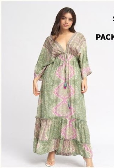 Grossiste SK MODE - Robe longue en soie imprimée ethnique perse, décolleté en v, robe révélatrice