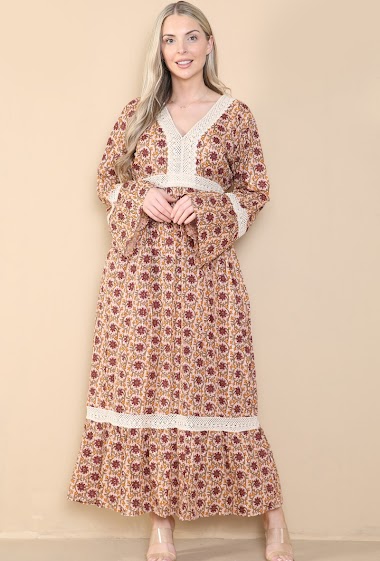 Großhändler SK MODE - Langes Kleid mit Roben-Blumendruck und klassischem und frechem Look aus weicher Baumwollspitze