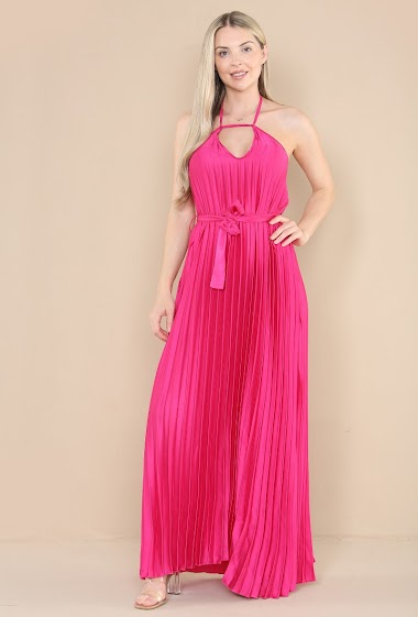 Großhändler SK MODE - Kleid Trendiges, plissiertes langes mit V-Ausschnitt und voluminösen Trägern SK22N093EW