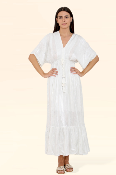 Großhändler SK MODE - Schlichtes weißes langes Kleid mit schlichtem V-Ausschnitt und Pomponärmeln REF-SK9124
