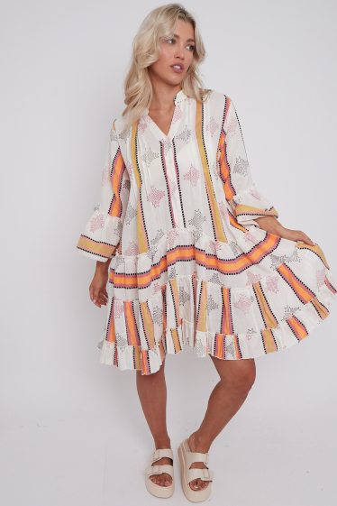 Wholesaler SK MODE - Midi dress with long sleeves, linen-like texture, neon stripe (25032SK)