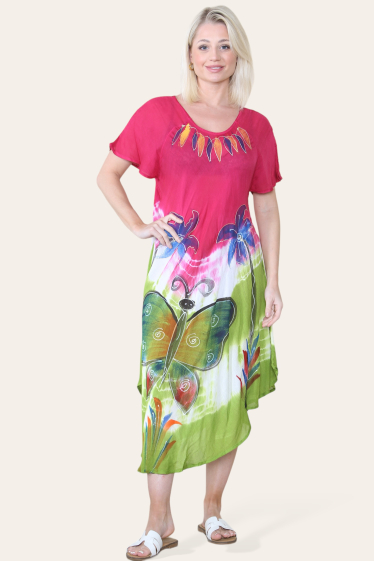 Wholesaler SK MODE - Mid-length dress, with a Tie & Die floral butterfly pattern, sleeves Ref- SK6001.