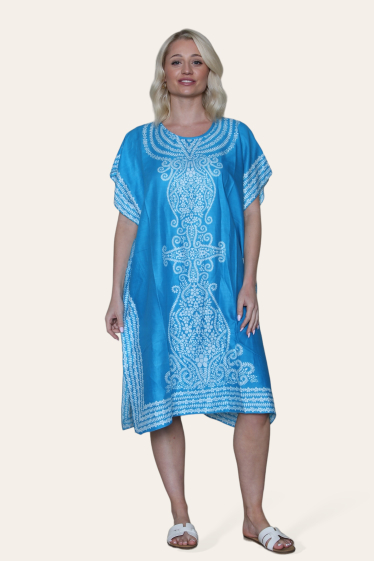Großhändler SK MODE - Mittellanges Kleid Bequemes Kaftan-Kleid mit V-Ausschnitt, Blumendruck – Ref. SKC-1504