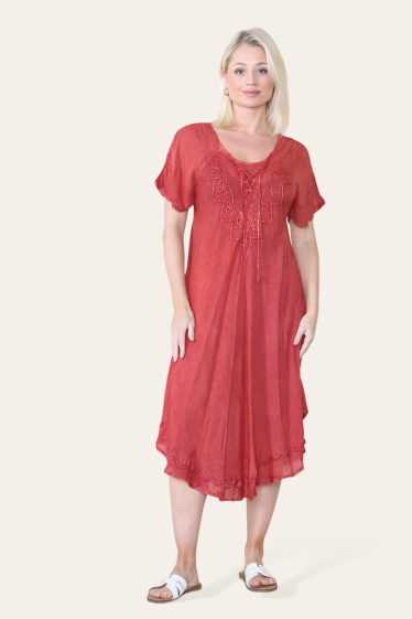 Wholesaler SK MODE - Midi dress, embroidered pattern with drawstring, short sleeves - Sk6024