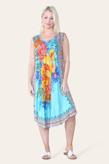 Wholesaler SK MODE - Midi Dress, Tropical Floral Umbrella Pattern, Sleeve Print -SK14033