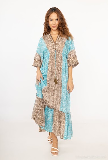 Robe; classic 20s-inspired paisley floral orientalist dress with traditional hand embroidered