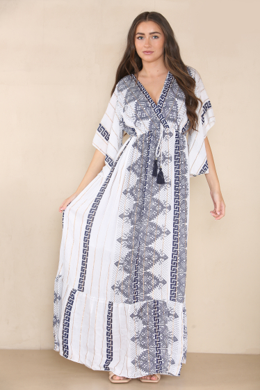Wholesaler SK MODE - Women's dress Summertime short sleeves V-neck printed cord embroidered ref 6067SK