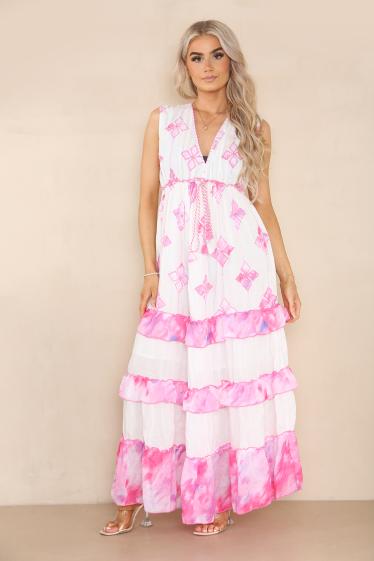 Großhändler SK MODE - Ärmelloses Kleid mit V-Ausschnitt, weißem Hintergrund und pastellfarbenem Mosaikstil ANSK609.