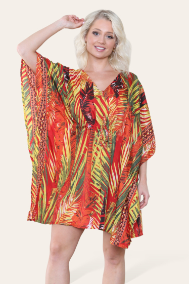 Wholesaler SK MODE - V-Neck Short Dress Tropical Palm Print Long Dress Ref -SK7021-S