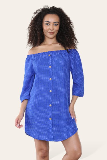 Wholesaler SK MODE - Chic off-shoulder short tunic dress with white polka dots Ref-SK20739