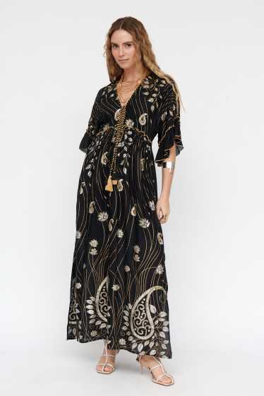 Wholesaler SK MODE - Women's long dresses with drawstring waist and V-neck dress. Ref SKAN1504