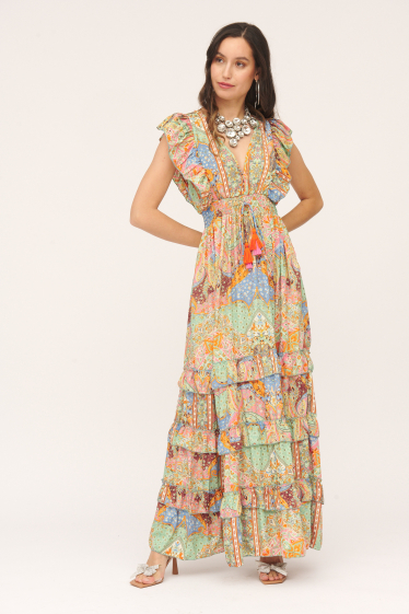 Wholesaler SK MODE - women's long dresses with half-frill sleeves, a V-neck, and drawstring waists. AN924
