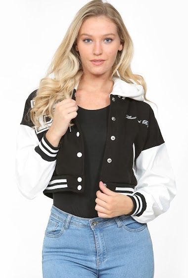 Wholesaler SK MODE - Veste , cropped varsity jacket with pu sleeve , casual streetwear hooded jacket