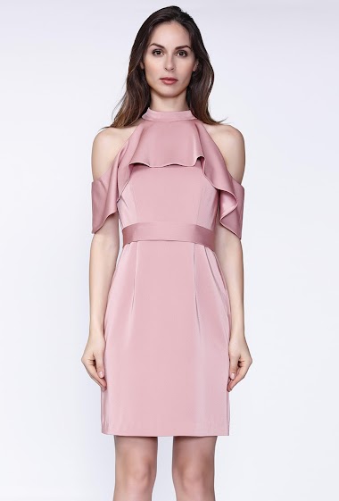 Wholesaler Smart and Joy - Fitted dress with wide ruffles, high neck and bare shoulders