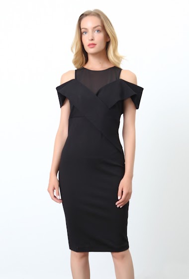 Wholesaler Smart and Joy - Fitted dress with Bardot neckline in jersey and knit