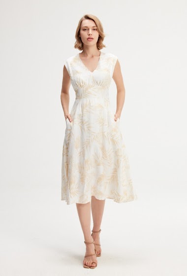 Wholesaler Smart and Joy - Fit and flare V neck tropical print dress