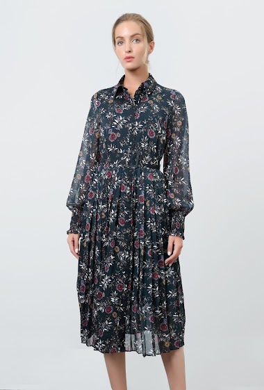 Großhändler Smart and Joy - Floral Print Pleated Smock Dress