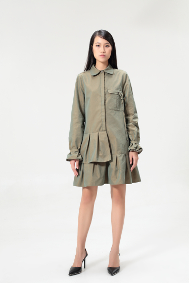 Wholesaler Smart and Joy - Safari-style shirt dress with pleated peplums and long sleeves