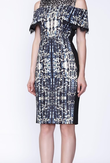 Wholesaler Smart and Joy - Short printed cocktail dress with bardot neckline and lace trim