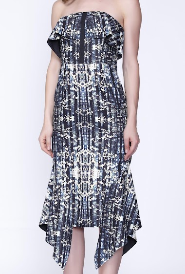Mayorista Smart and Joy - Printed cocktail dress, fitted strapless cut with bust and basque ruffles