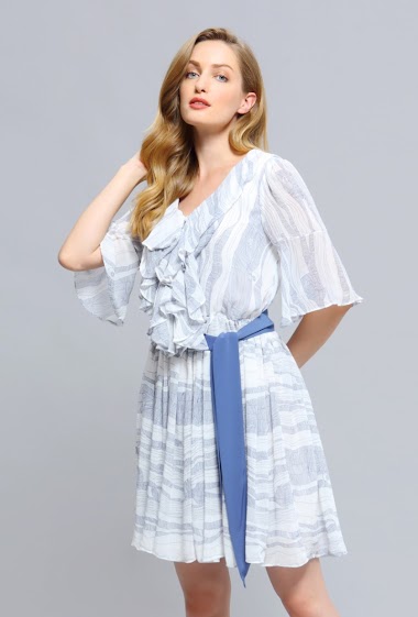 Wholesaler Smart and Joy - Linear Print Chiffon Ruffle Mini Dress