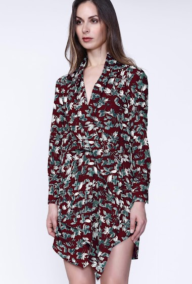Großhändler Smart and Joy - Short dress with draped effect in front with leaf print