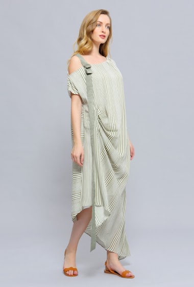 Großhändler Smart and Joy - Asymmetrisch drapiertes Kleid mit Streifendruck
