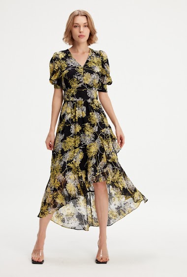 Wholesaler Smart and Joy - Floral Print Dip Hem Chiffon Dress