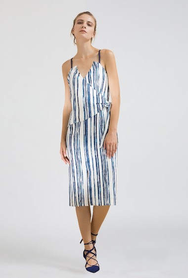 Wholesaler Smart and Joy - Striped Print Wrap Midi Slit Dress