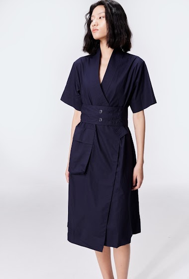 Großhändler Smart and Joy - Kimonokleid aus Baumwolle mit V-Ausschnitt