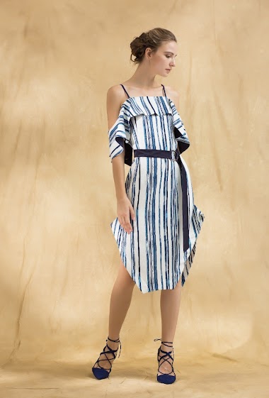 Wholesaler Smart and Joy - Midi dress with thin strap and ruffle in striped print