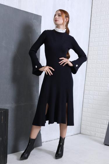 Wholesaler Smart and Joy - Pleats Collar Preppy Knit Midi Dress