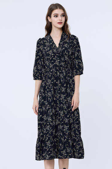 Wholesaler Smart and Joy - Printed midi dress with ruffled neckline