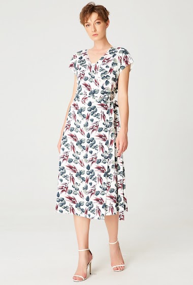 Wholesaler Smart and Joy - Leaf Print Belted Wrap Midi Dress