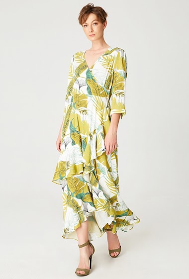 Wholesaler Smart and Joy - Tropical print midi dress with plunging ruffles and heart-crossover bust