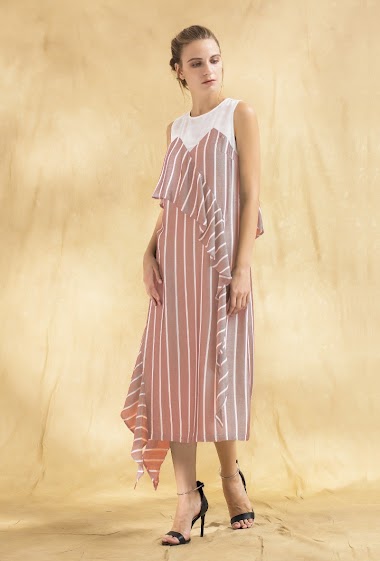 Wholesaler Smart and Joy - Asymmetrical bi-material striped midi dress