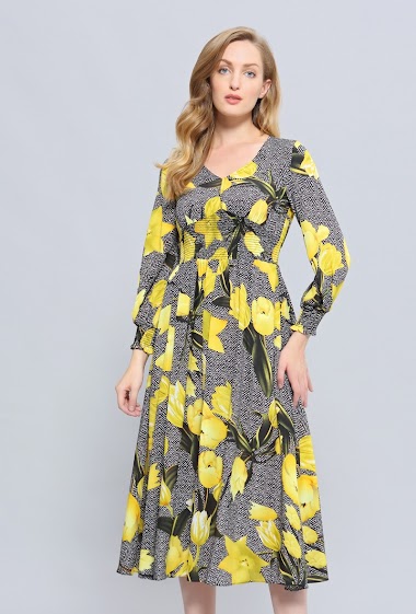 Wholesaler Smart and Joy - Flared midi dress with macro flower print