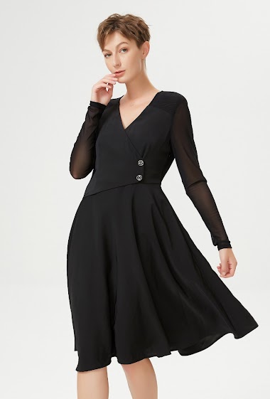 Mayorista Smart and Joy - Skater dress with buttoned wrap effect and stretch tulle sleeves
