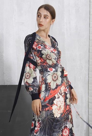 Großhändler Smart and Joy - Macro Floral Print Satin Trim Wrap Dress