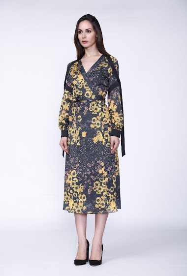 Wholesaler Smart and Joy - Floral Print Satin Trim Wrap Dress