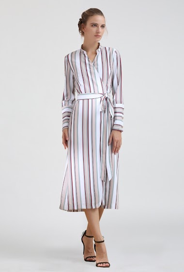 Großhändler Smart and Joy - Striped Print Long Sleeve Wrap Dress