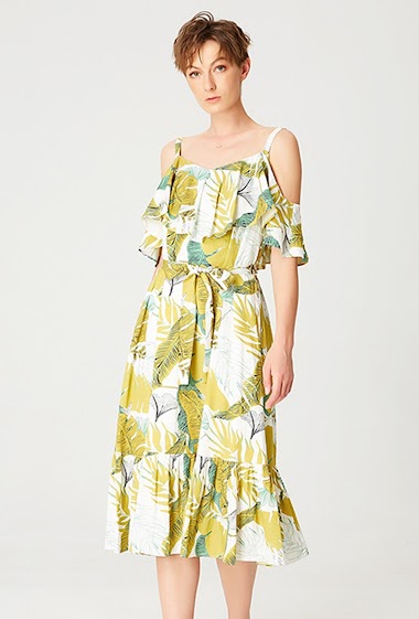 Wholesaler Smart and Joy - Trapeze dress with tropical print, ruffles and thin straps